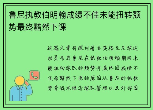 鲁尼执教伯明翰成绩不佳未能扭转颓势最终黯然下课