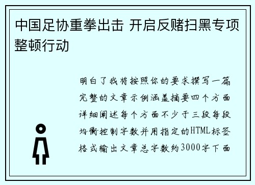 中国足协重拳出击 开启反赌扫黑专项整顿行动