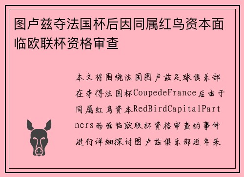 图卢兹夺法国杯后因同属红鸟资本面临欧联杯资格审查